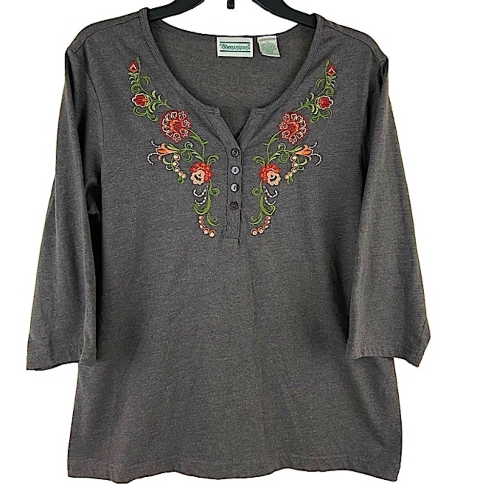 Vintage Y2K Shenanigans Gray Embroidered Flowers Top Women’s Size Large